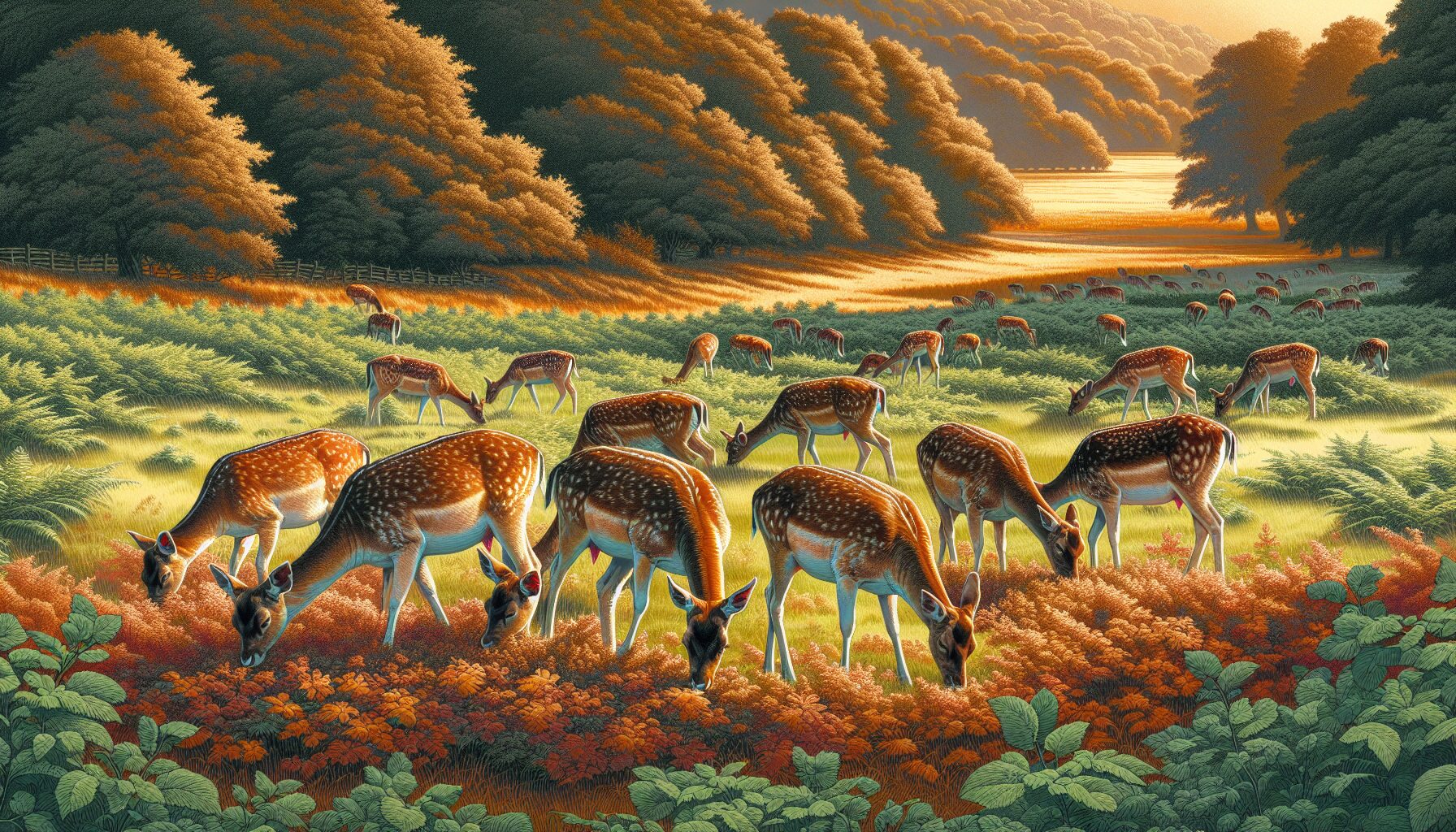 Illustration of fallow deer grazing in a meadow