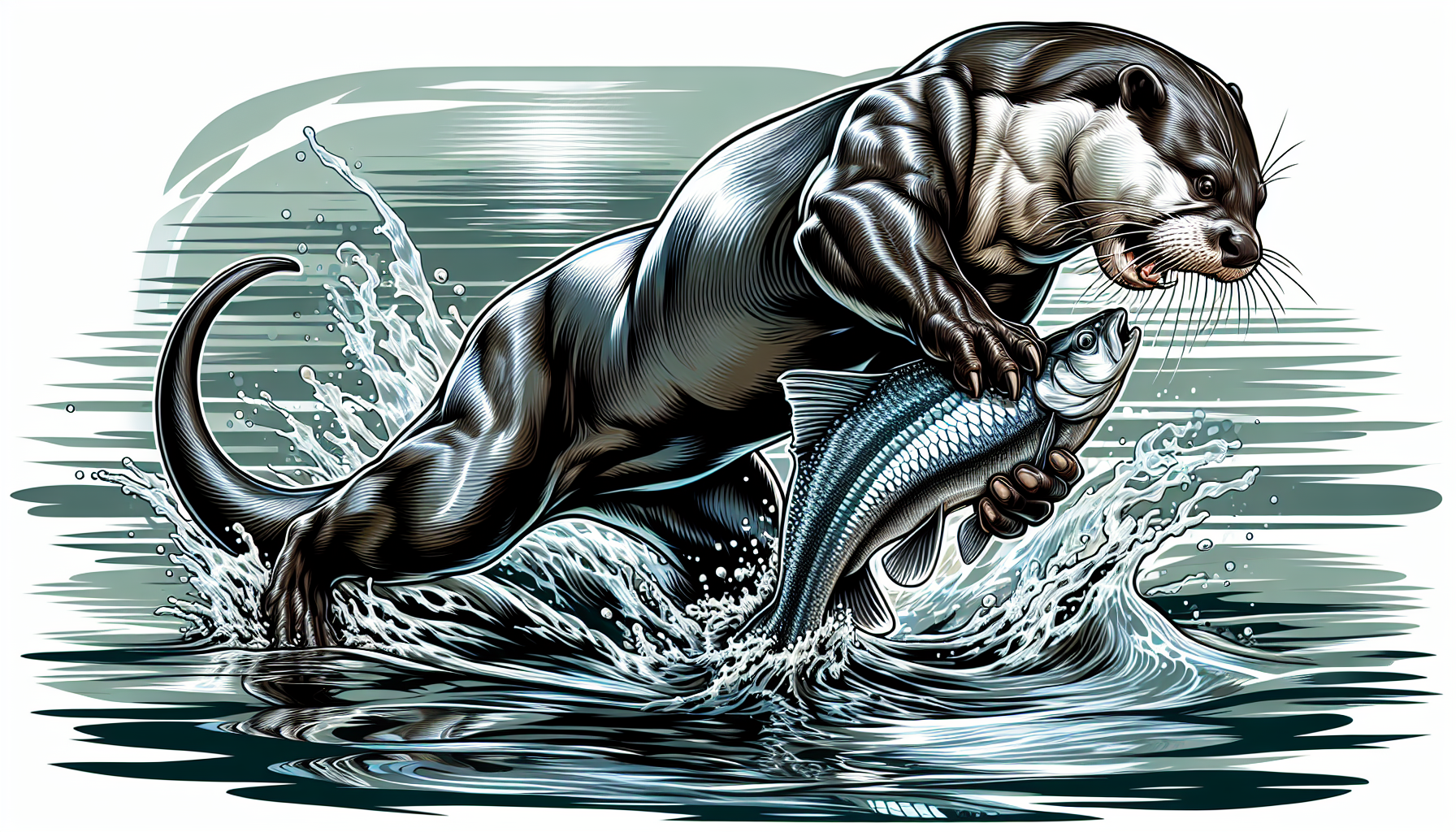 Illustration of a giant river otter catching a fish