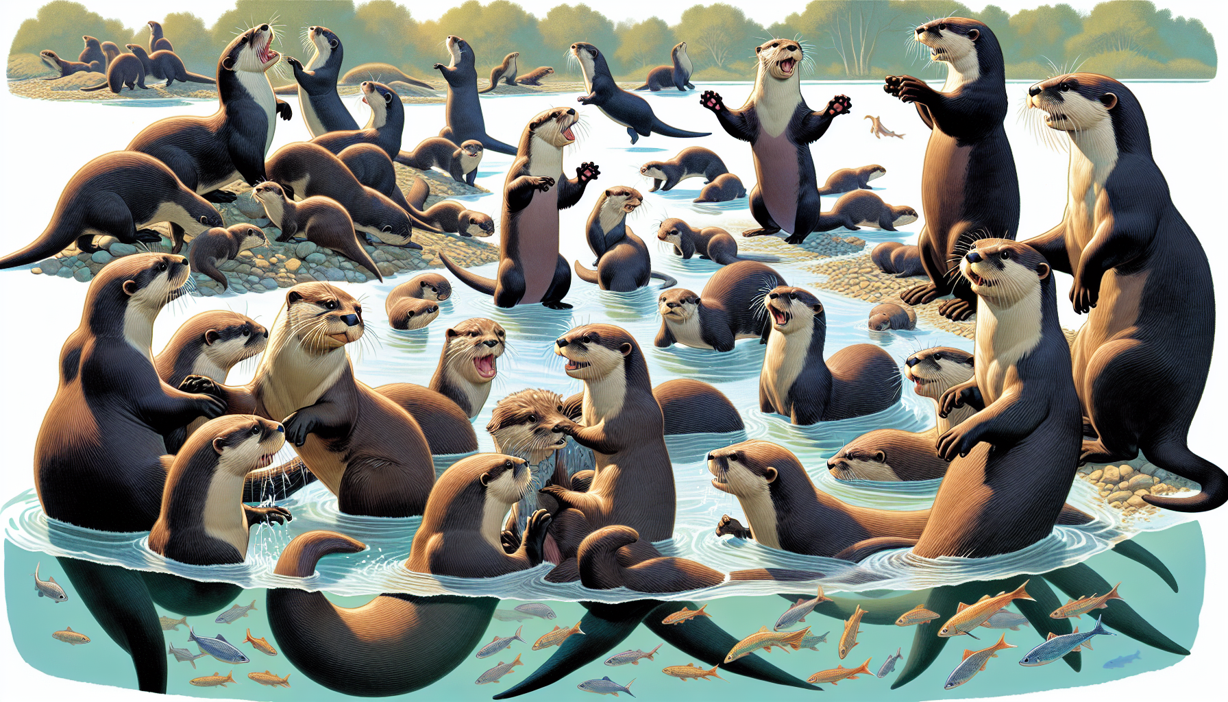 Illustration of a group of giant river otters engaging in social behavior