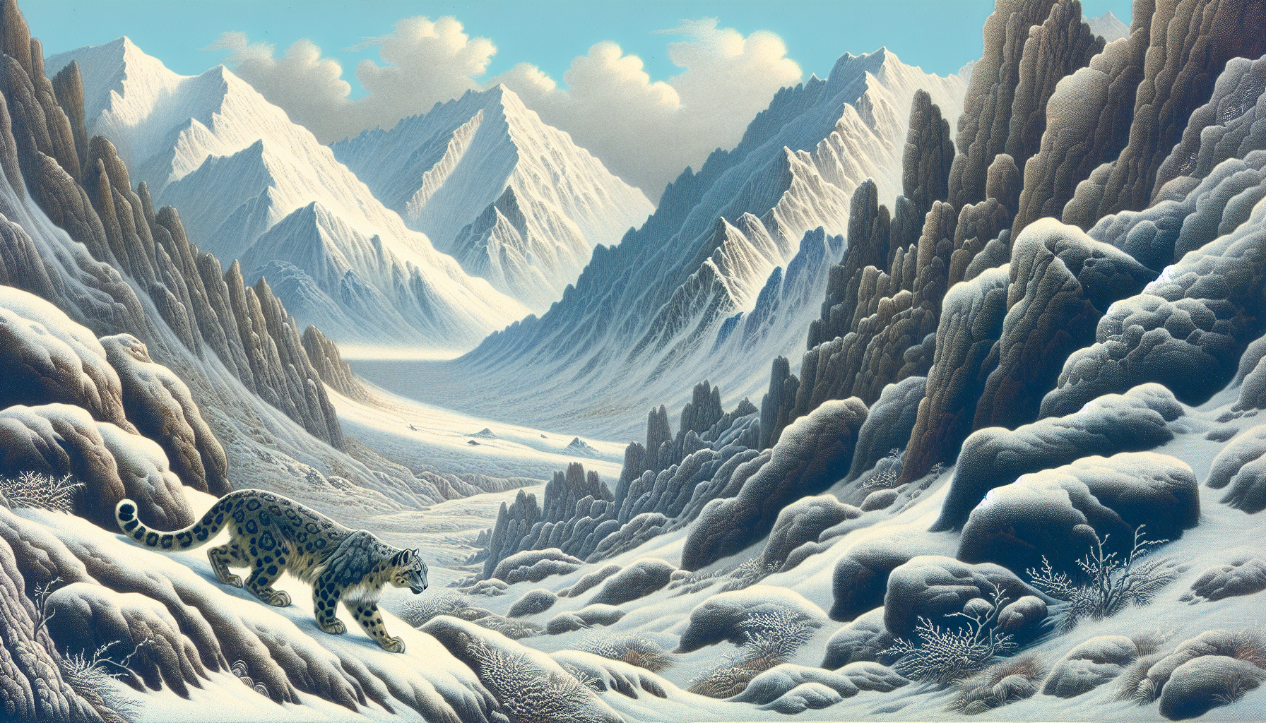 Illustration of the rugged mountain habitats of snow leopards