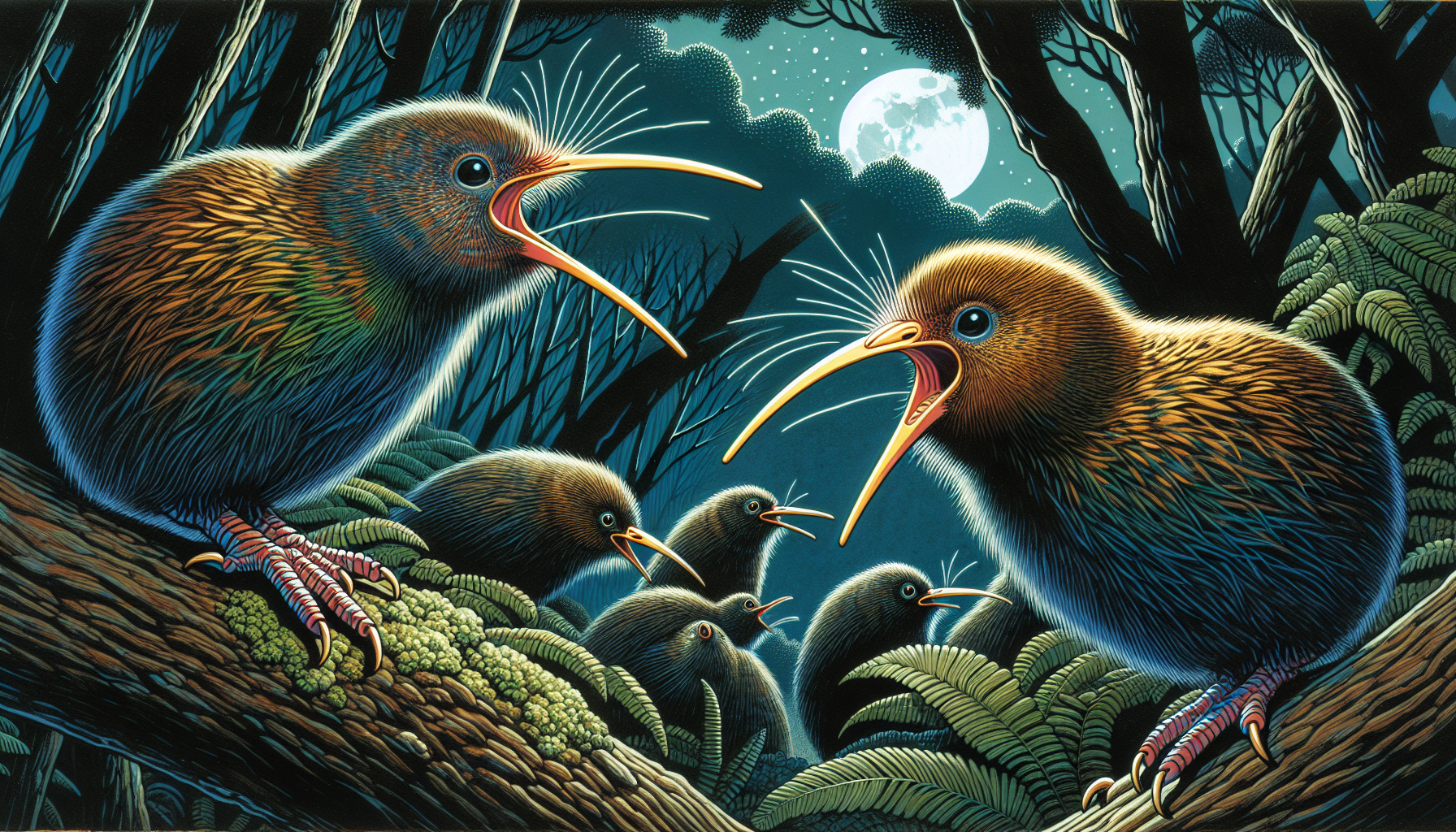 Illustration of two kiwi birds communicating through gender-specific calls