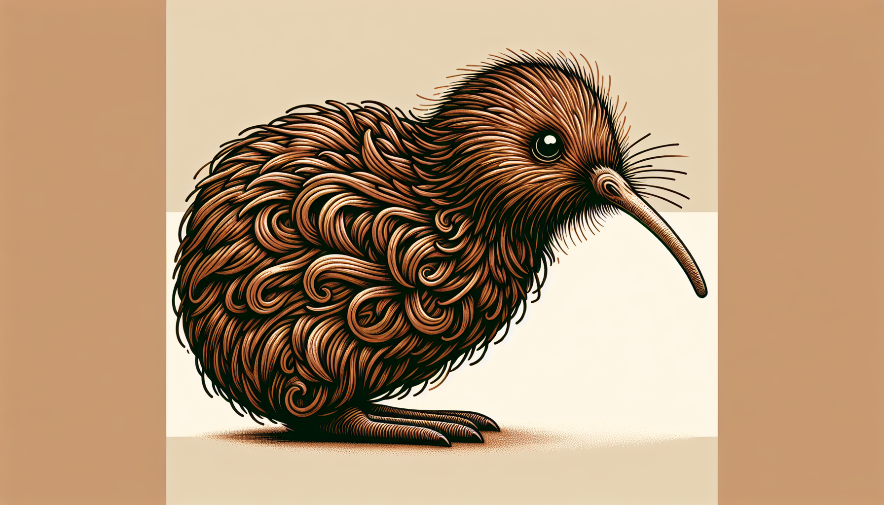 Illustration of a brown kiwi with its distinctive long bill and shaggy feathers