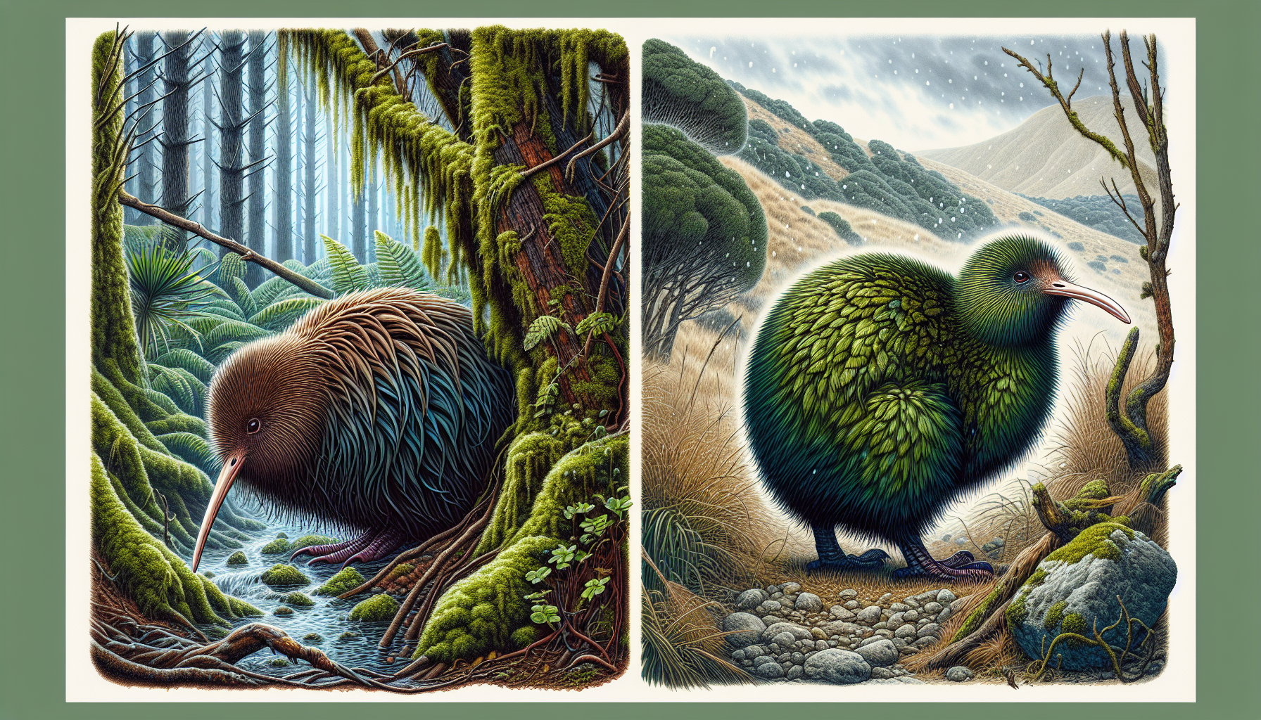 Illustration of kiwi bird in diverse habitats, from moist coniferous forests to dryer areas