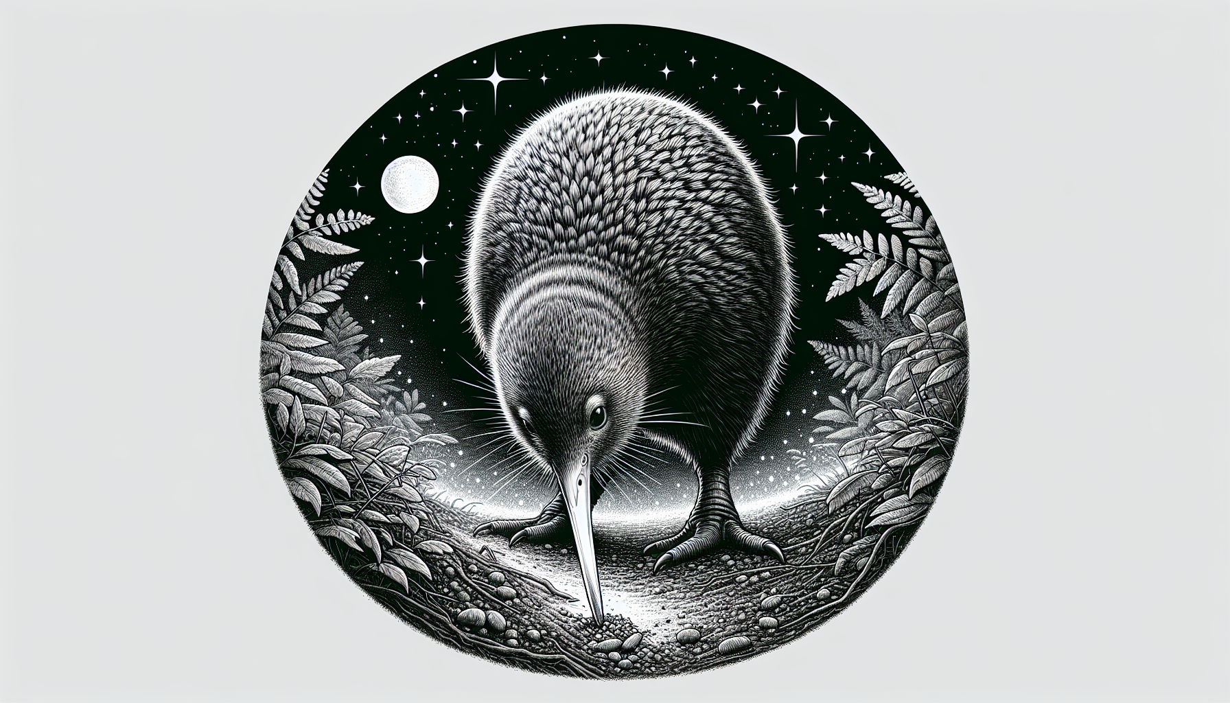 Illustration of a kiwi bird foraging at night using its keen sense of smell