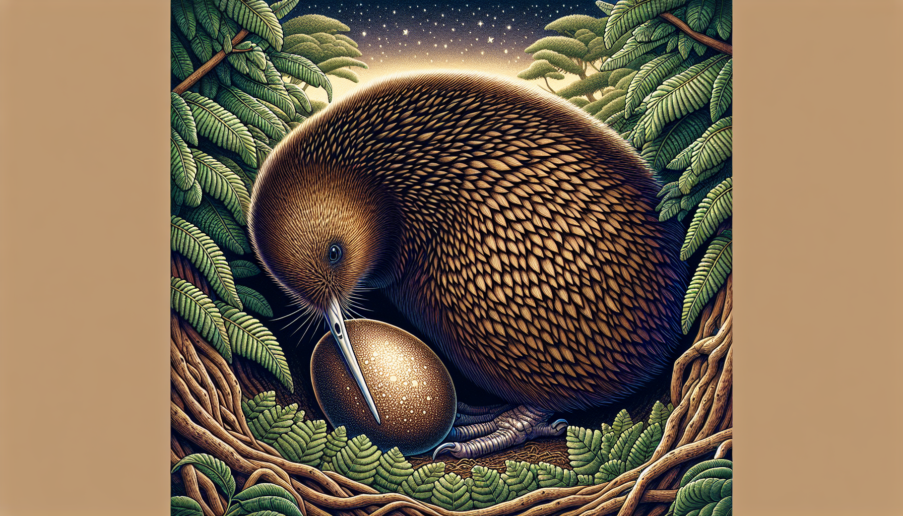 Illustration of a male kiwi incubating a large egg in a nesting burrow