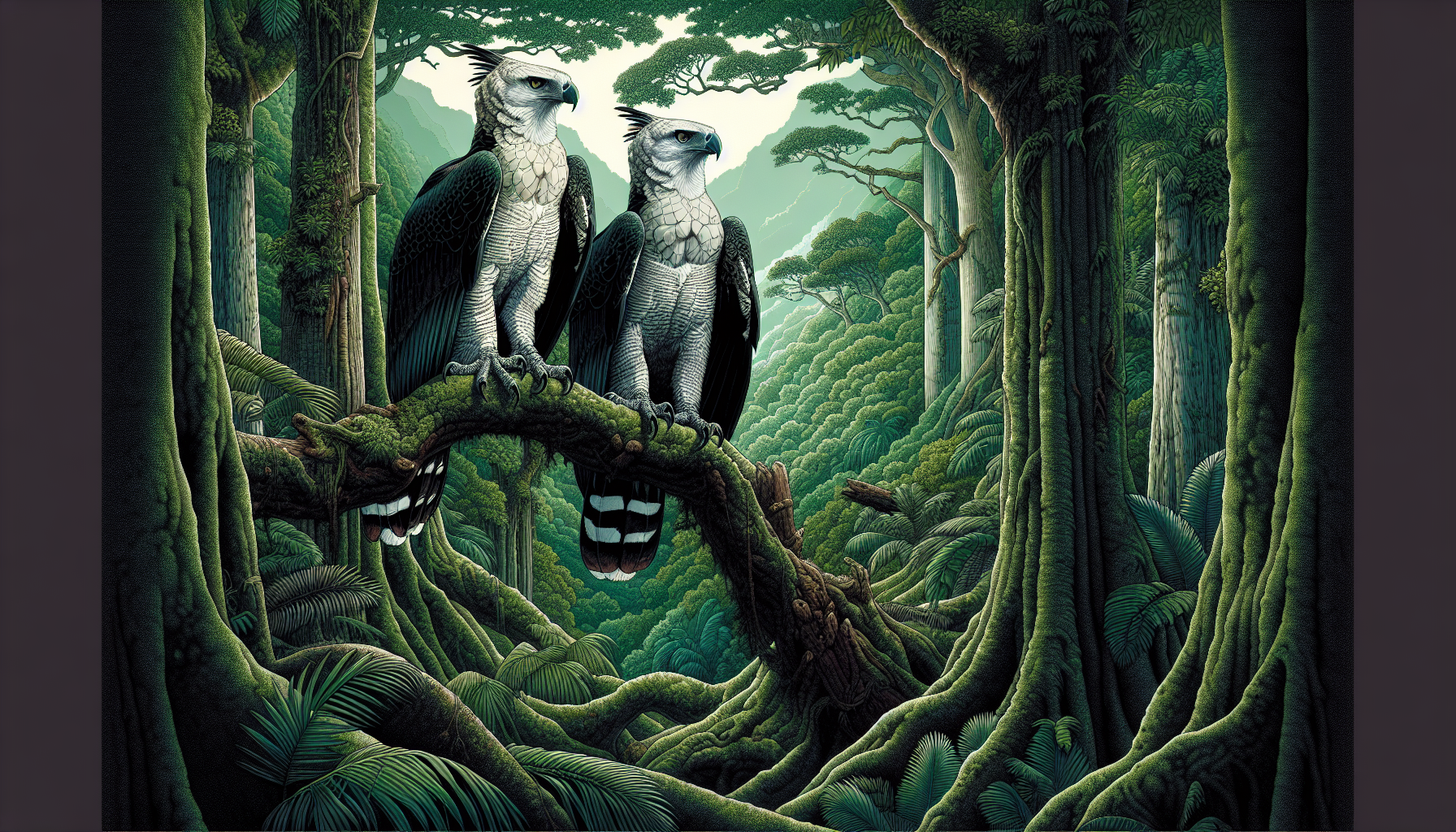 Illustration depicting a pair of harpy eagles in their natural habitat within the forest canopy